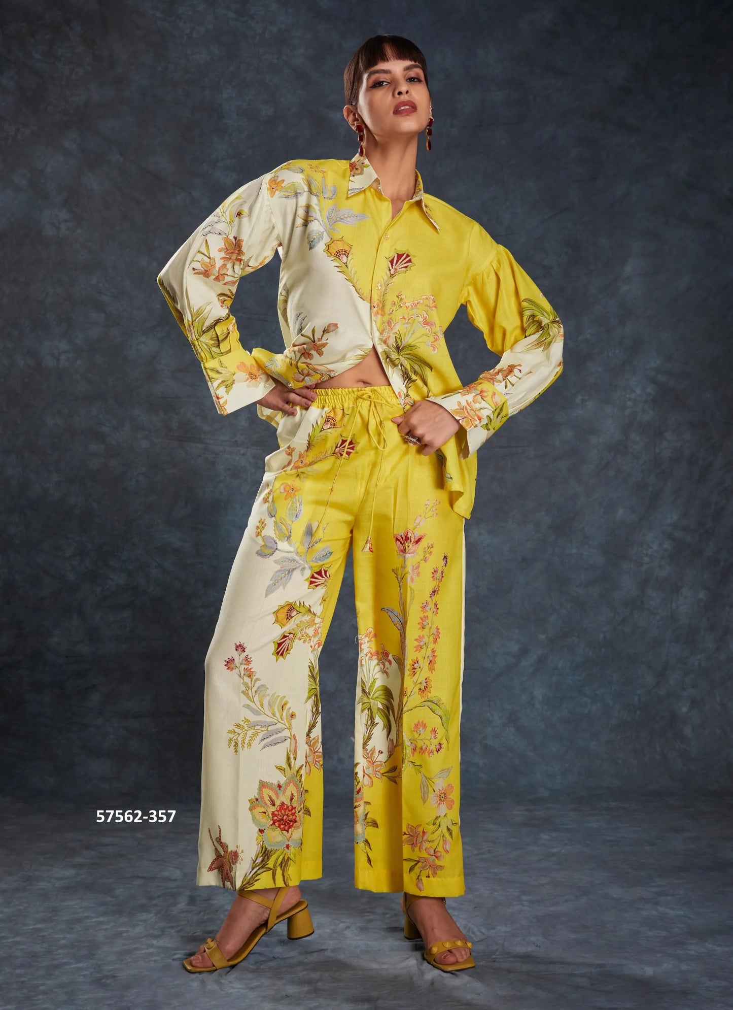 Yellow Linen Digitally Printed Party-Wear Readymade Designer Fusion Outfit