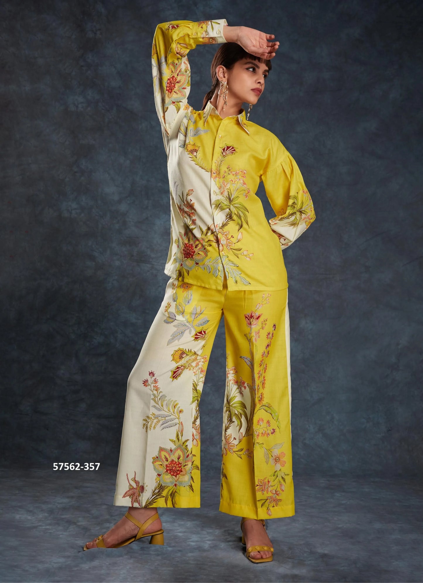 Yellow Linen Digitally Printed Party-Wear Readymade Designer Fusion Outfit