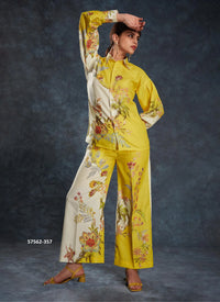 Yellow Linen Digitally Printed Party-Wear Readymade Designer Fusion Outfit