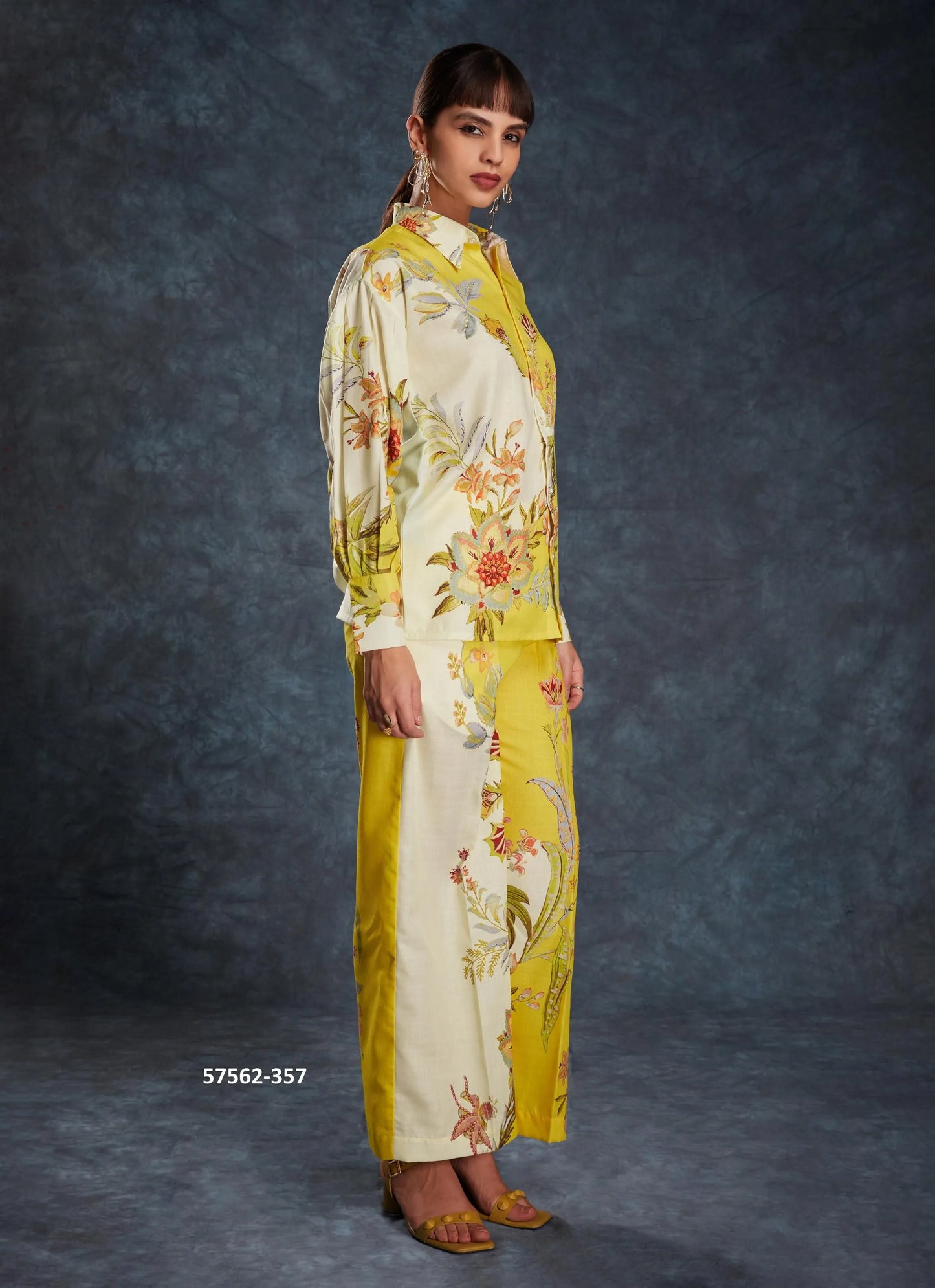 Yellow Linen Digitally Printed Party-Wear Readymade Designer Fusion Outfit