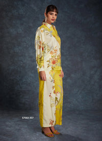 Yellow Linen Digitally Printed Party-Wear Readymade Designer Fusion Outfit