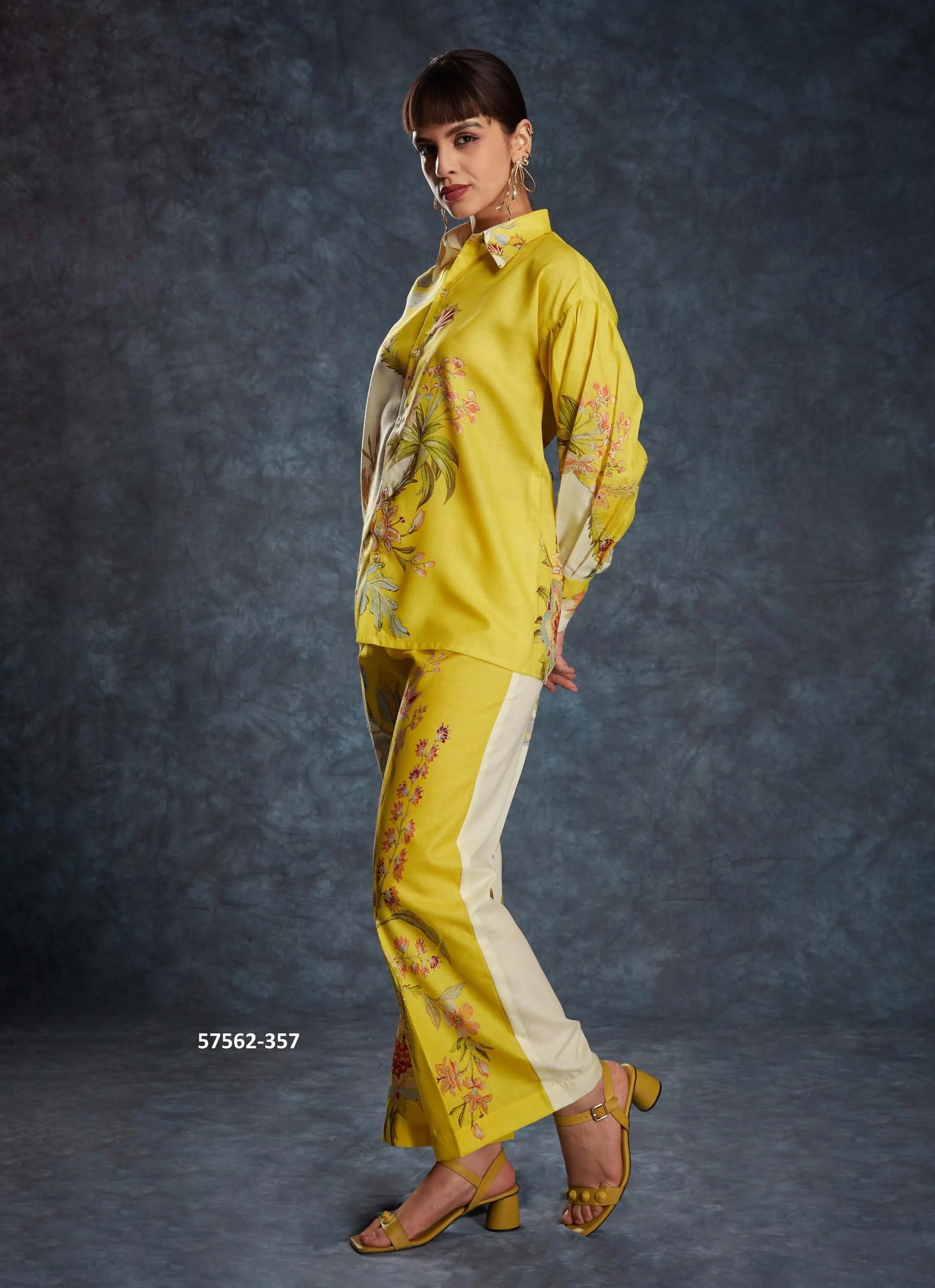 Yellow Linen Digitally Printed Party-Wear Readymade Designer Fusion Outfit