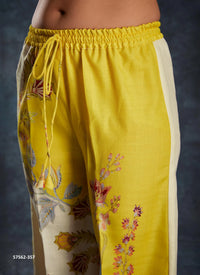 Yellow Linen Digitally Printed Party-Wear Readymade Designer Fusion Outfit
