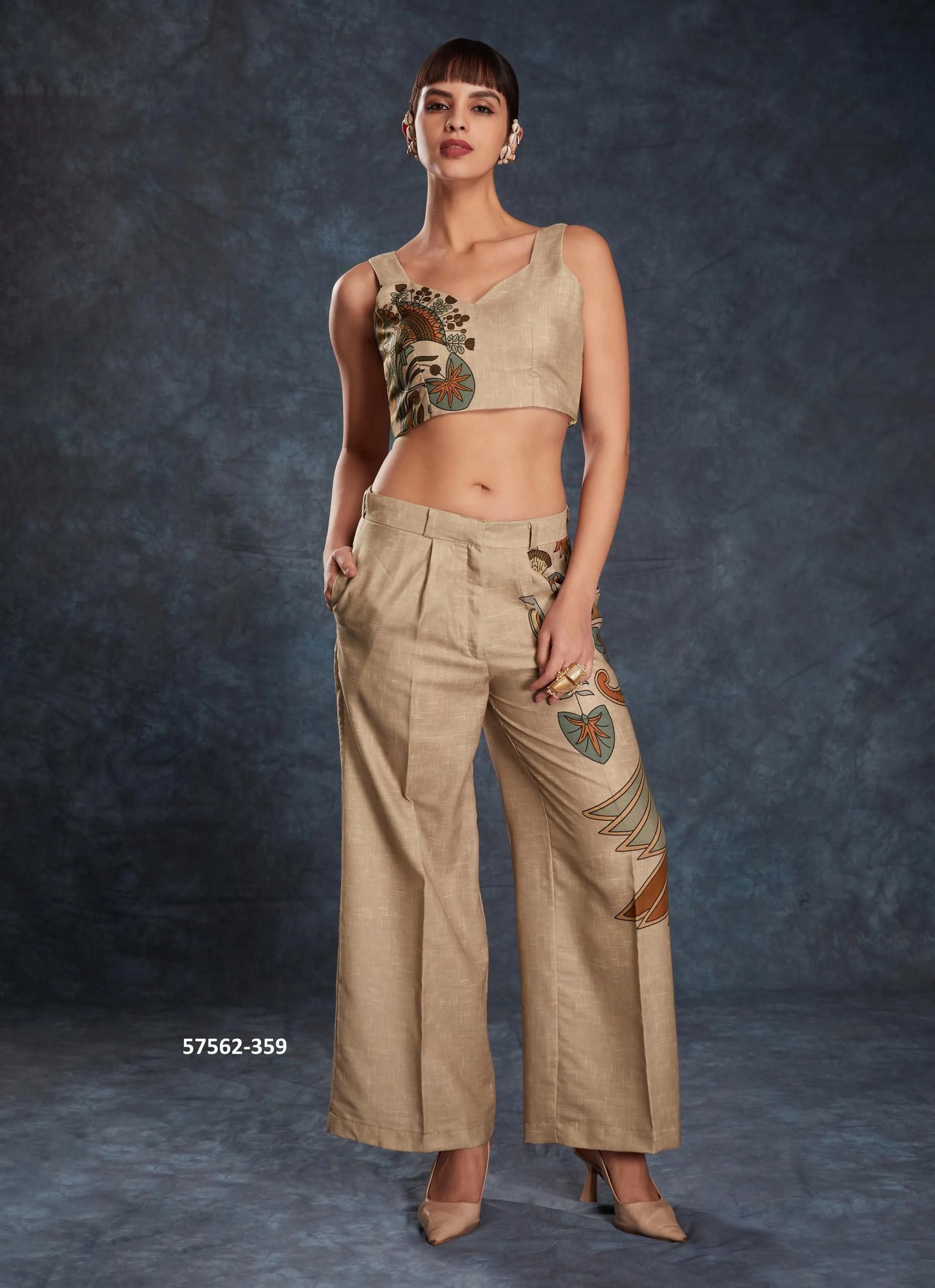Burlywood Linen Digitally Printed Party-Wear Readymade Designer Fusion Outfit