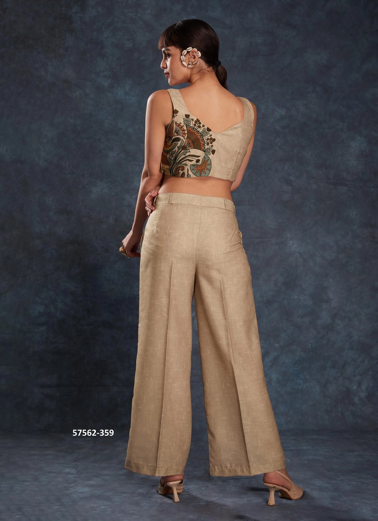 Burlywood Linen Digitally Printed Party-Wear Readymade Designer Fusion Outfit