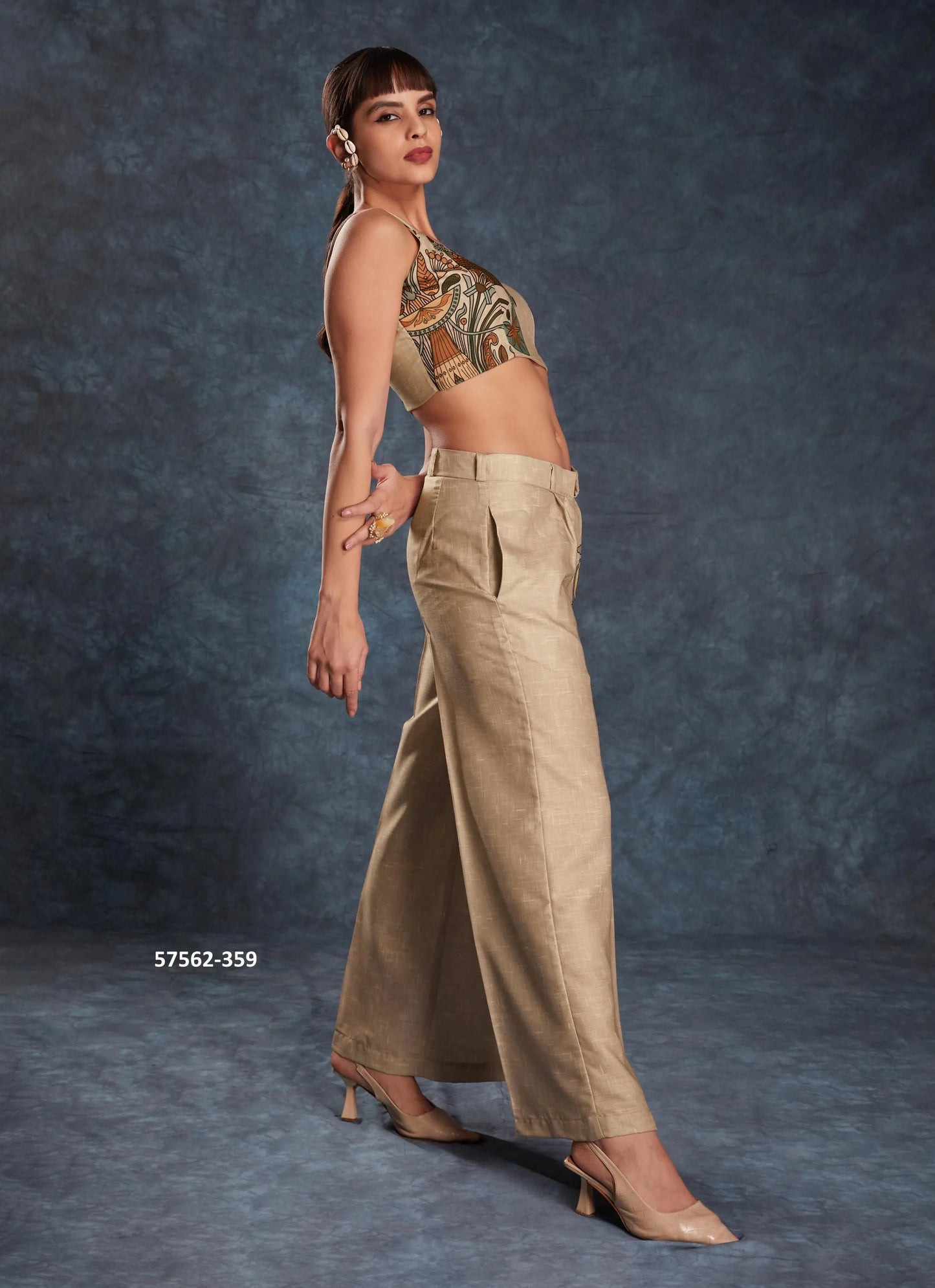 Burlywood Linen Digitally Printed Party-Wear Readymade Designer Fusion Outfit