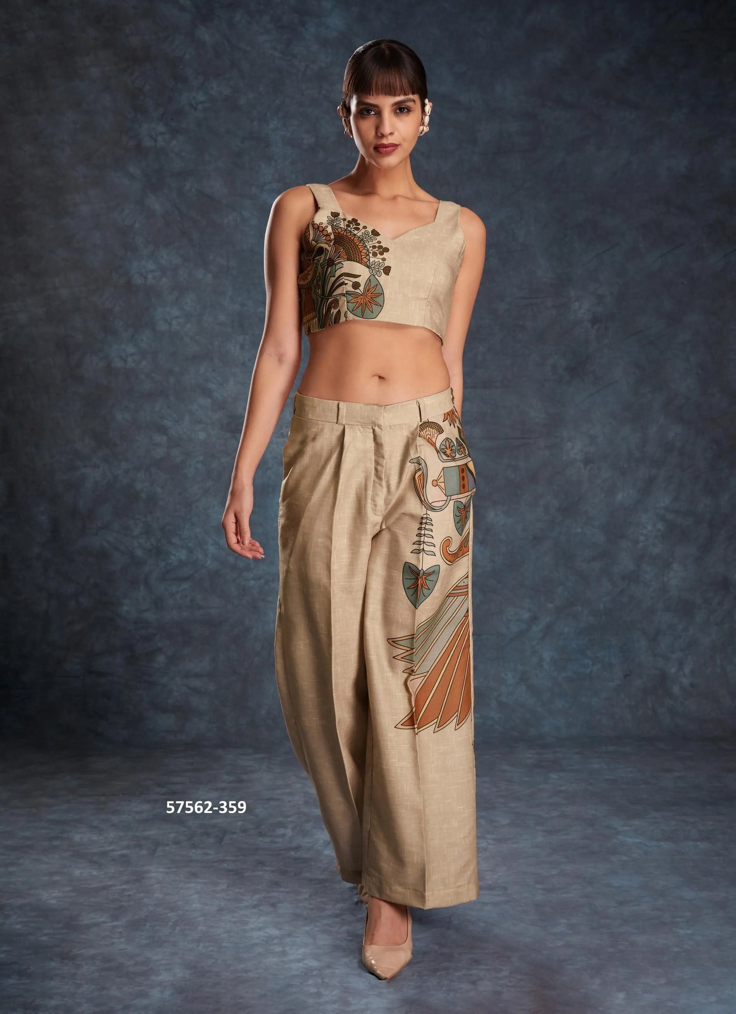Burlywood Linen Digitally Printed Party-Wear Readymade Designer Fusion Outfit