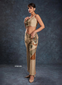 Burlywood Linen Digitally Printed Party-Wear Readymade Designer Fusion Outfit
