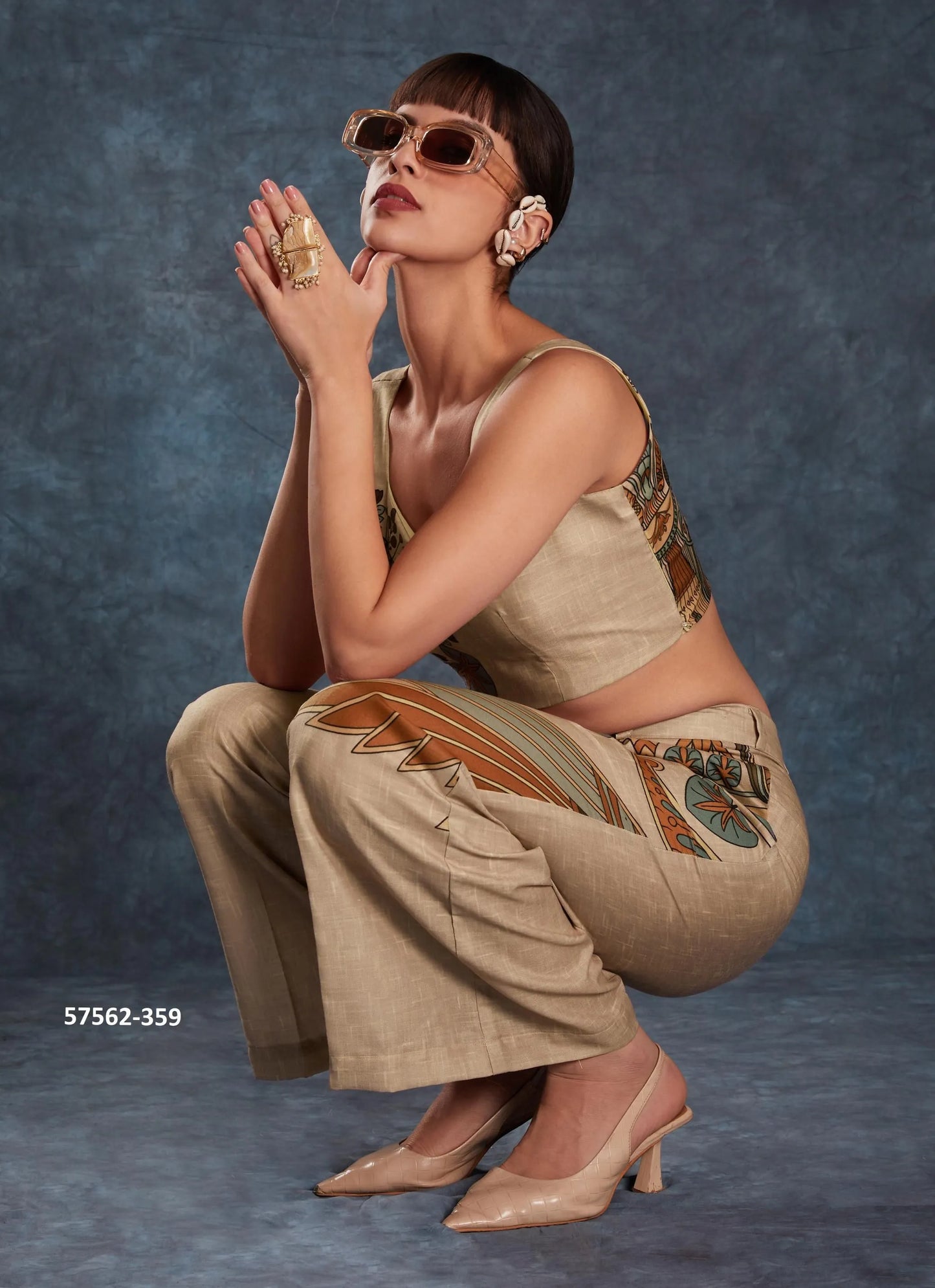 Burlywood Linen Digitally Printed Party-Wear Readymade Designer Fusion Outfit