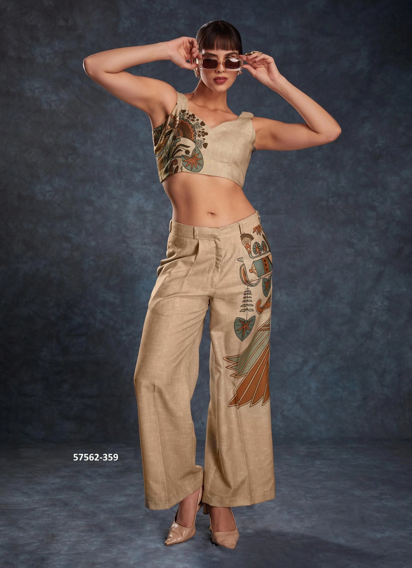 Burlywood Linen Digitally Printed Party-Wear Readymade Designer Fusion Outfit