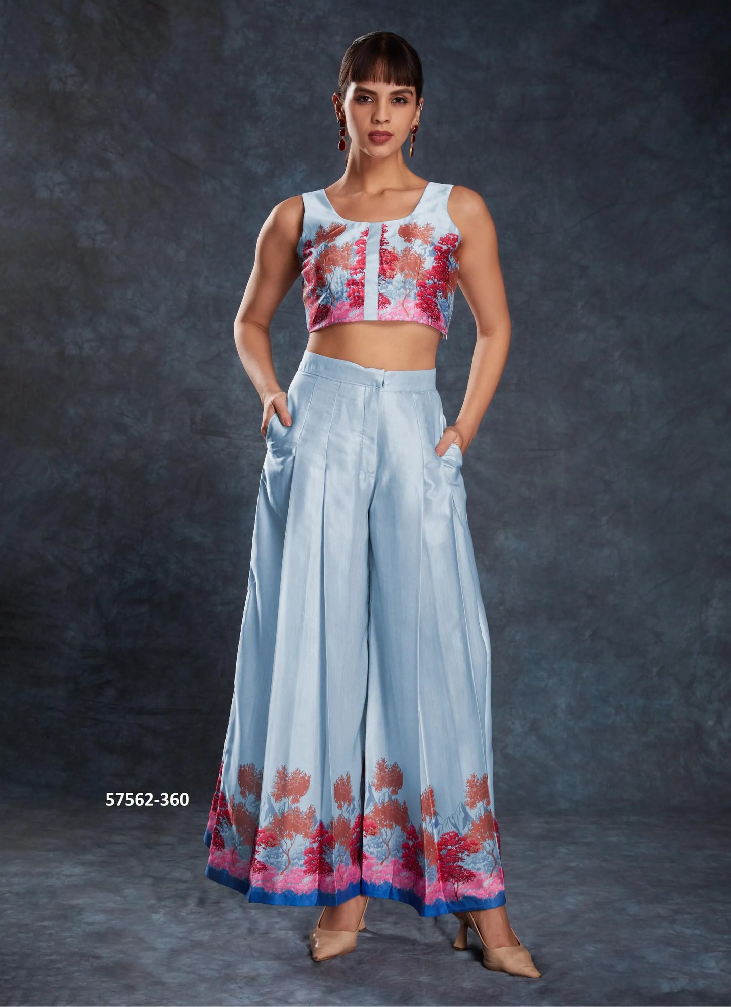 Sky Blue Linen Digitally Printed Party-Wear Readymade Designer Fusion Outfit