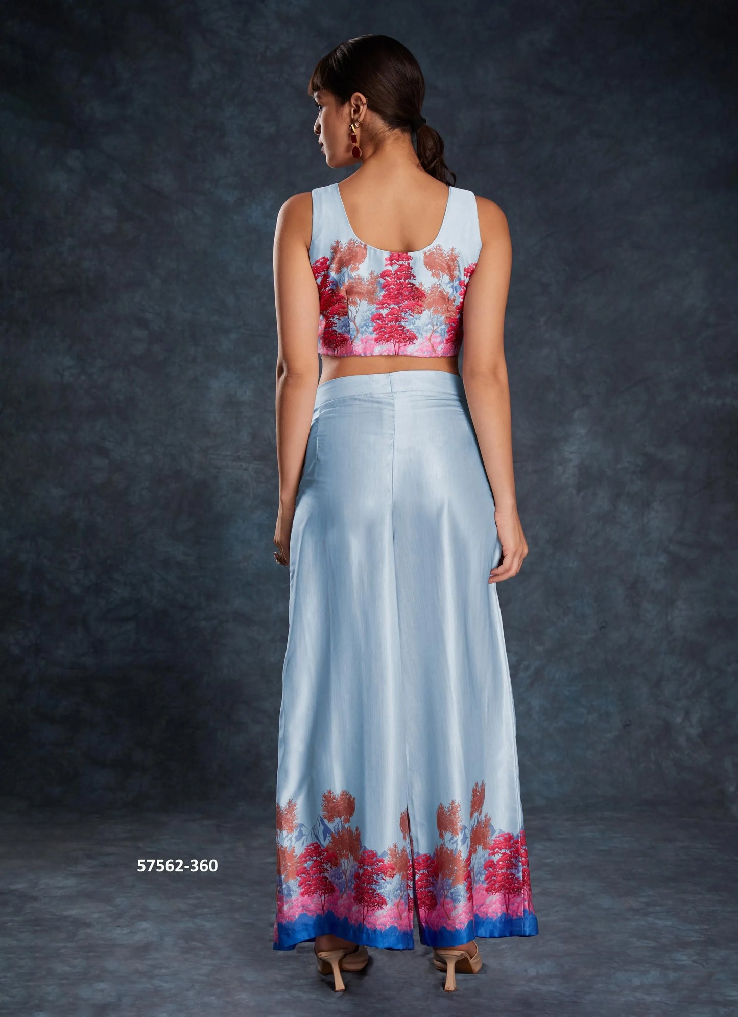 Sky Blue Linen Digitally Printed Party-Wear Readymade Designer Fusion Outfit