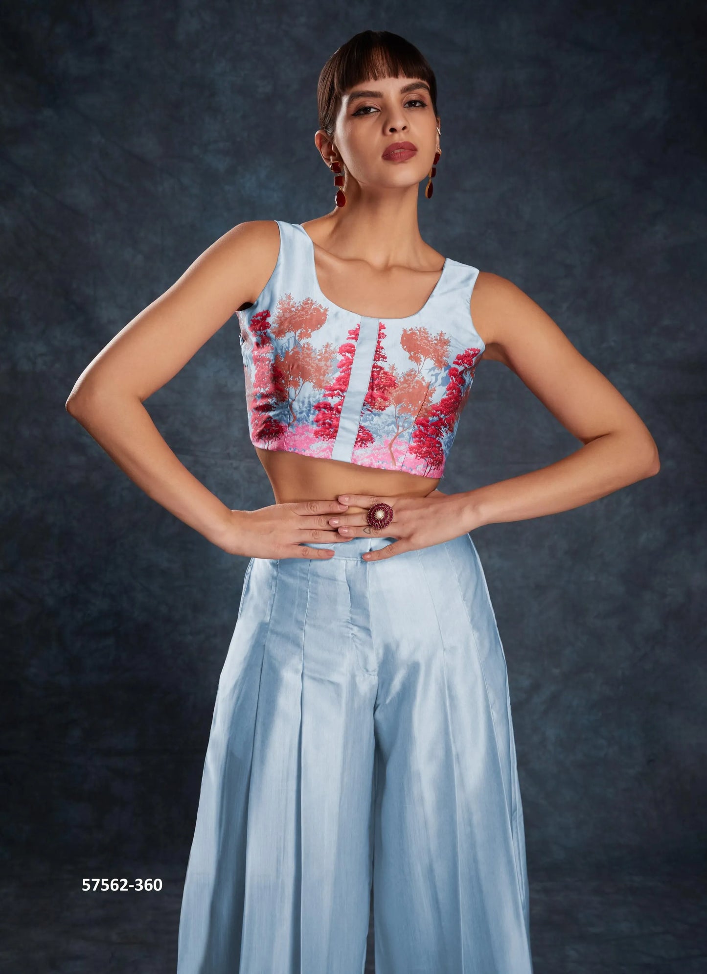 Sky Blue Linen Digitally Printed Party-Wear Readymade Designer Fusion Outfit