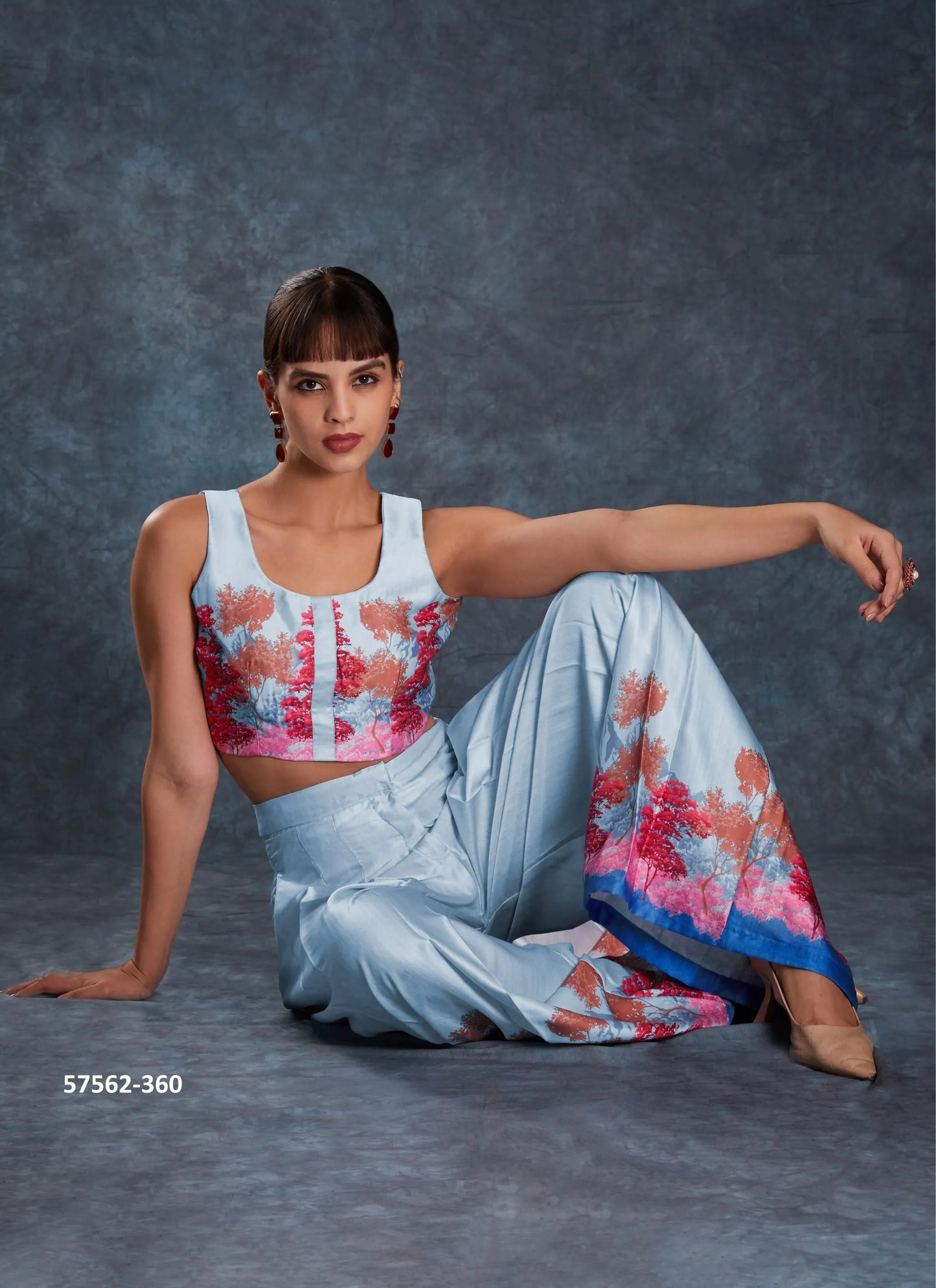Sky Blue Linen Digitally Printed Party-Wear Readymade Designer Fusion Outfit