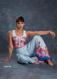 Sky Blue Linen Digitally Printed Party-Wear Readymade Designer Fusion Outfit