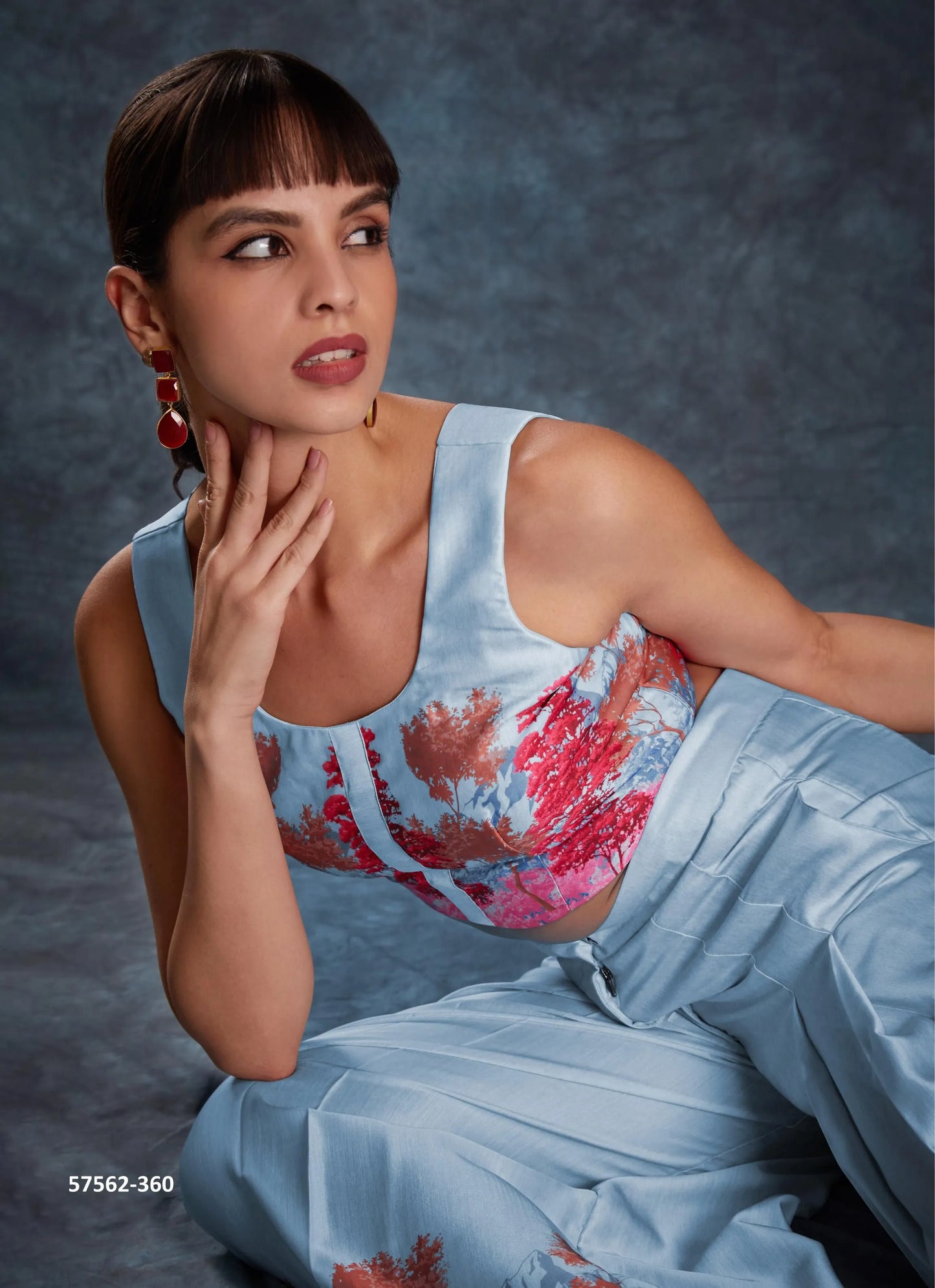 Sky Blue Linen Digitally Printed Party-Wear Readymade Designer Fusion Outfit