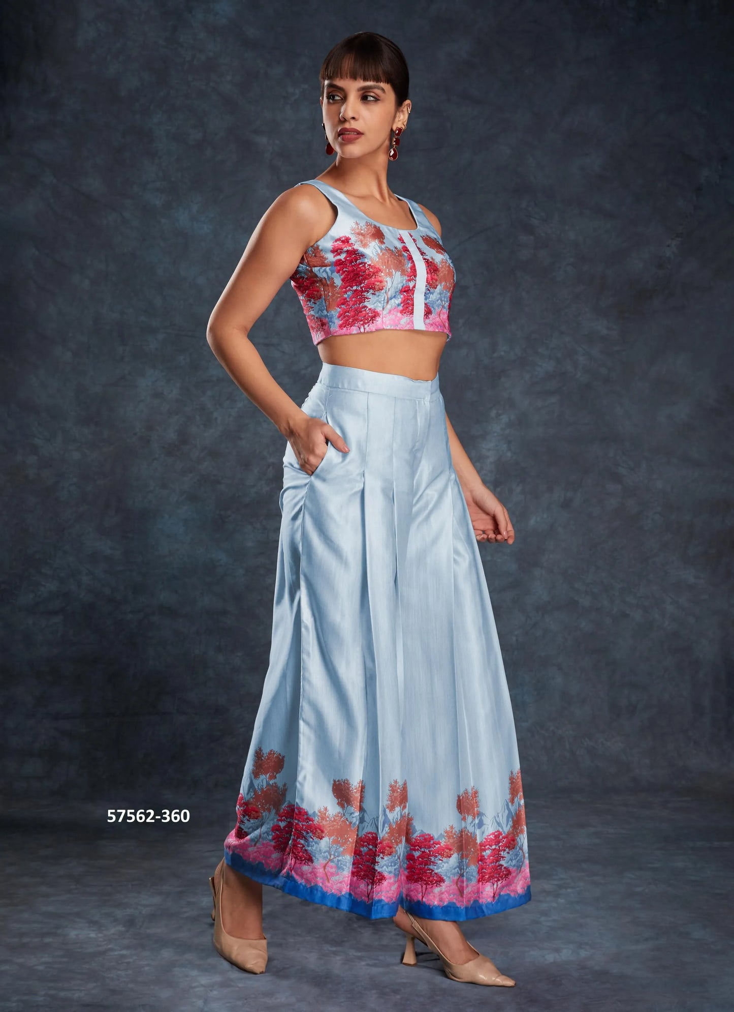 Sky Blue Linen Digitally Printed Party-Wear Readymade Designer Fusion Outfit
