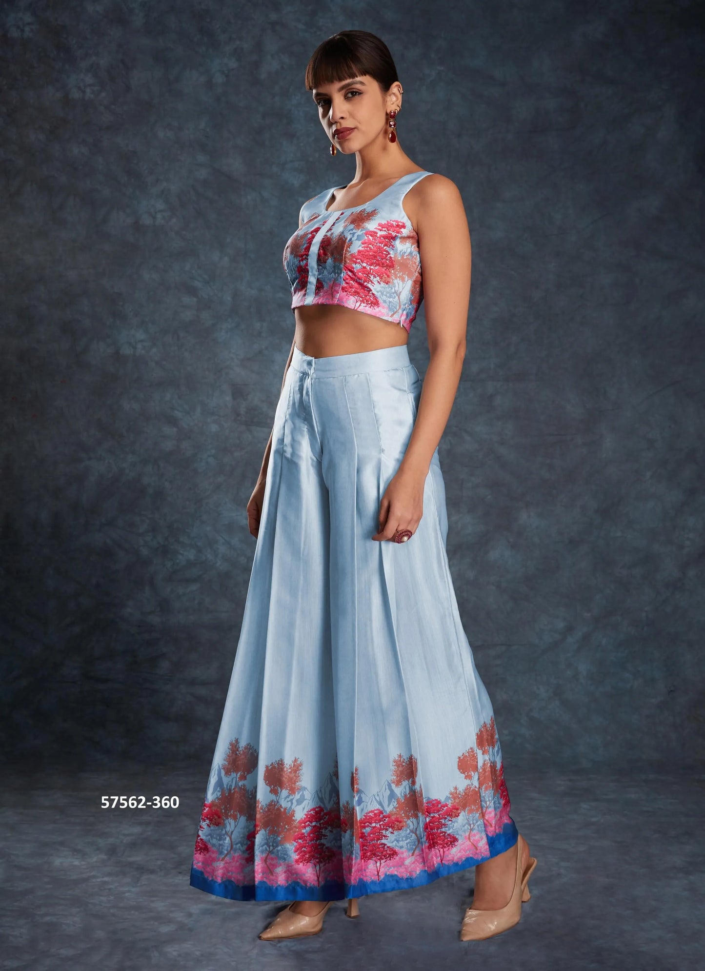 Sky Blue Linen Digitally Printed Party-Wear Readymade Designer Fusion Outfit