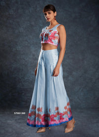 Sky Blue Linen Digitally Printed Party-Wear Readymade Designer Fusion Outfit
