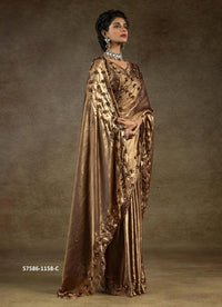 Coffee Brown Two Tone Satin Silk Sequins-Work Party-Wear Saree