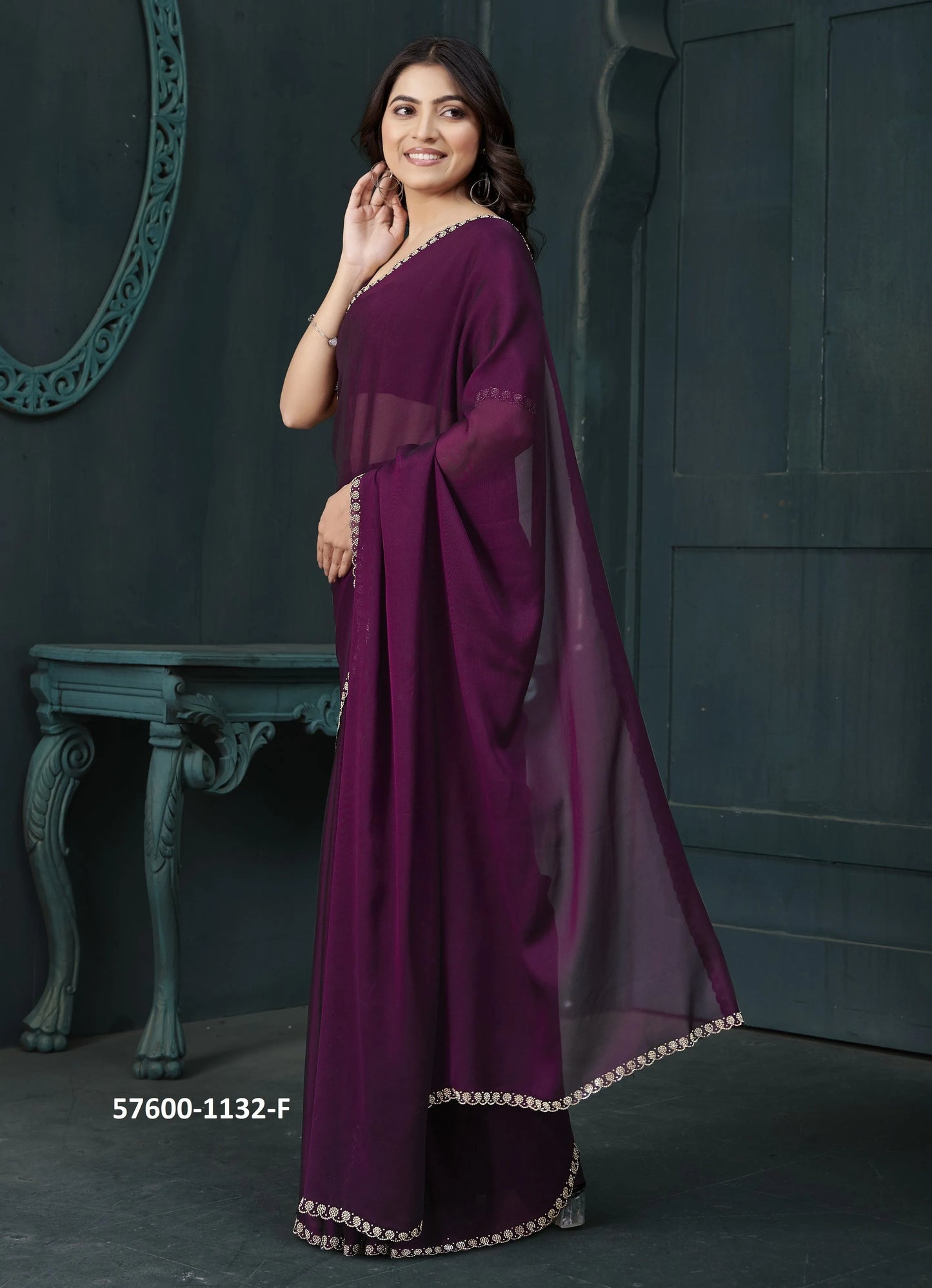 Wine Crape Silk Zarkan-Work Festive-Wear Beautiful Saree