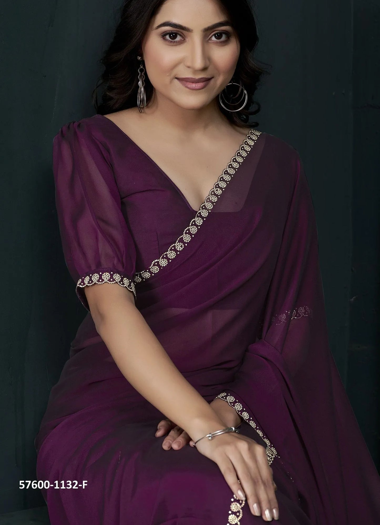 Wine Crape Silk Zarkan-Work Festive-Wear Beautiful Saree