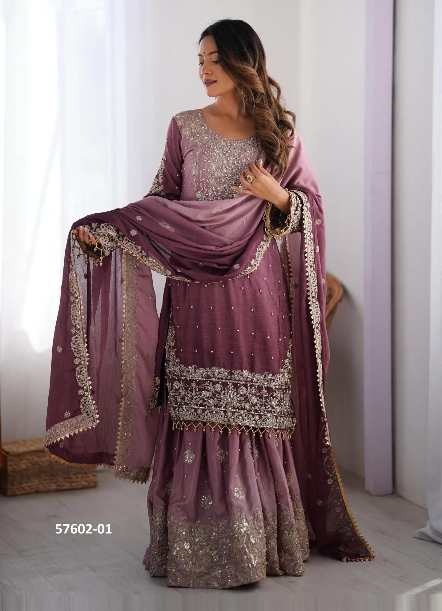 Wine Chinon Silk Handworked Ramadan-Special Sharara-Bottom Readymade Salwar Kameez