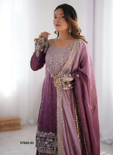 Wine Chinon Silk Handworked Ramadan-Special Sharara-Bottom Readymade Salwar Kameez