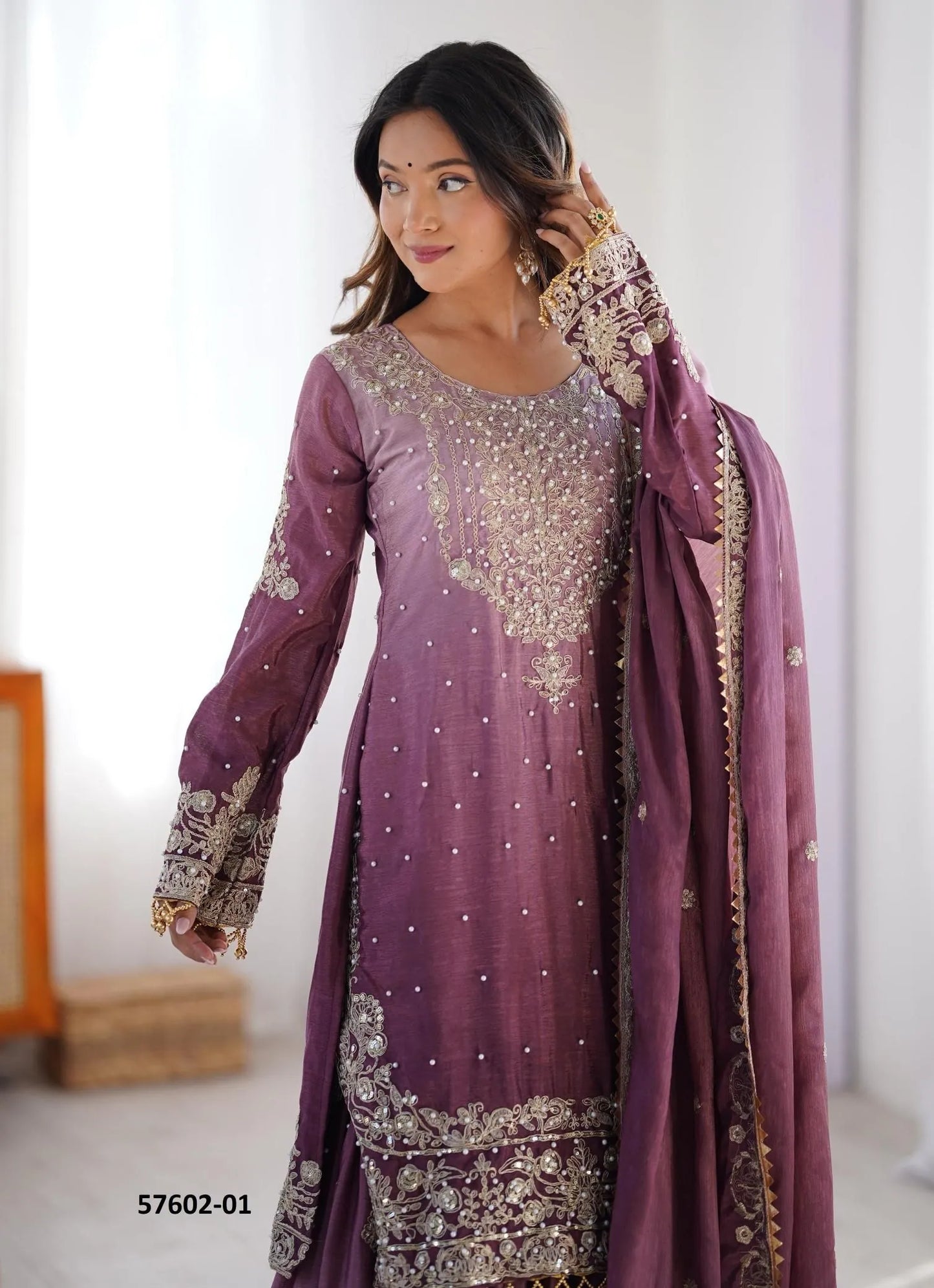 Wine Chinon Silk Handworked Ramadan-Special Sharara-Bottom Readymade Salwar Kameez