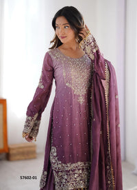 Wine Chinon Silk Handworked Ramadan-Special Sharara-Bottom Readymade Salwar Kameez