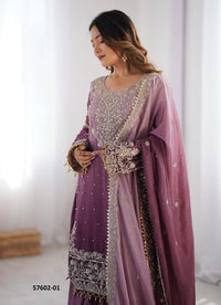 Wine Chinon Silk Handworked Ramadan-Special Sharara-Bottom Readymade Salwar Kameez