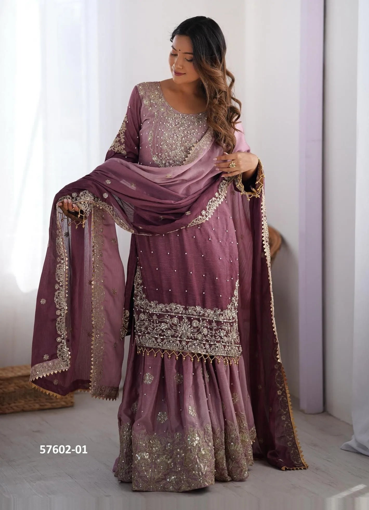 Wine Chinon Silk Handworked Ramadan-Special Sharara-Bottom Readymade Salwar Kameez