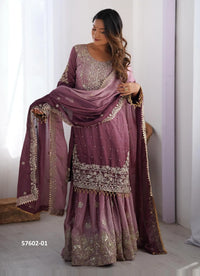 Wine Chinon Silk Handworked Ramadan-Special Sharara-Bottom Readymade Salwar Kameez
