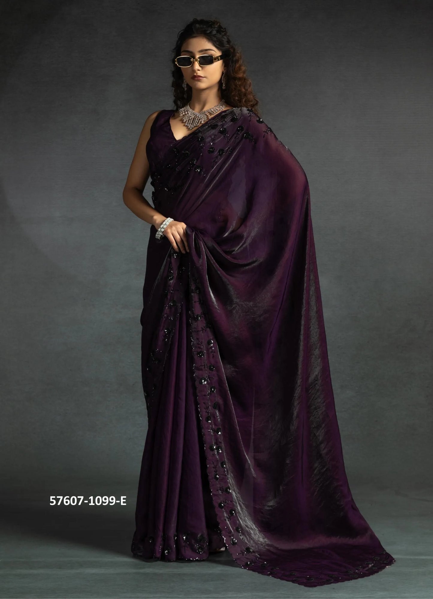 Wine Two Tone Satin Silk Sequins-Work Wedding-Wear Saree