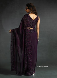Wine Two Tone Satin Silk Sequins-Work Wedding-Wear Saree