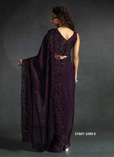 Wine Two Tone Satin Silk Sequins-Work Wedding-Wear Saree