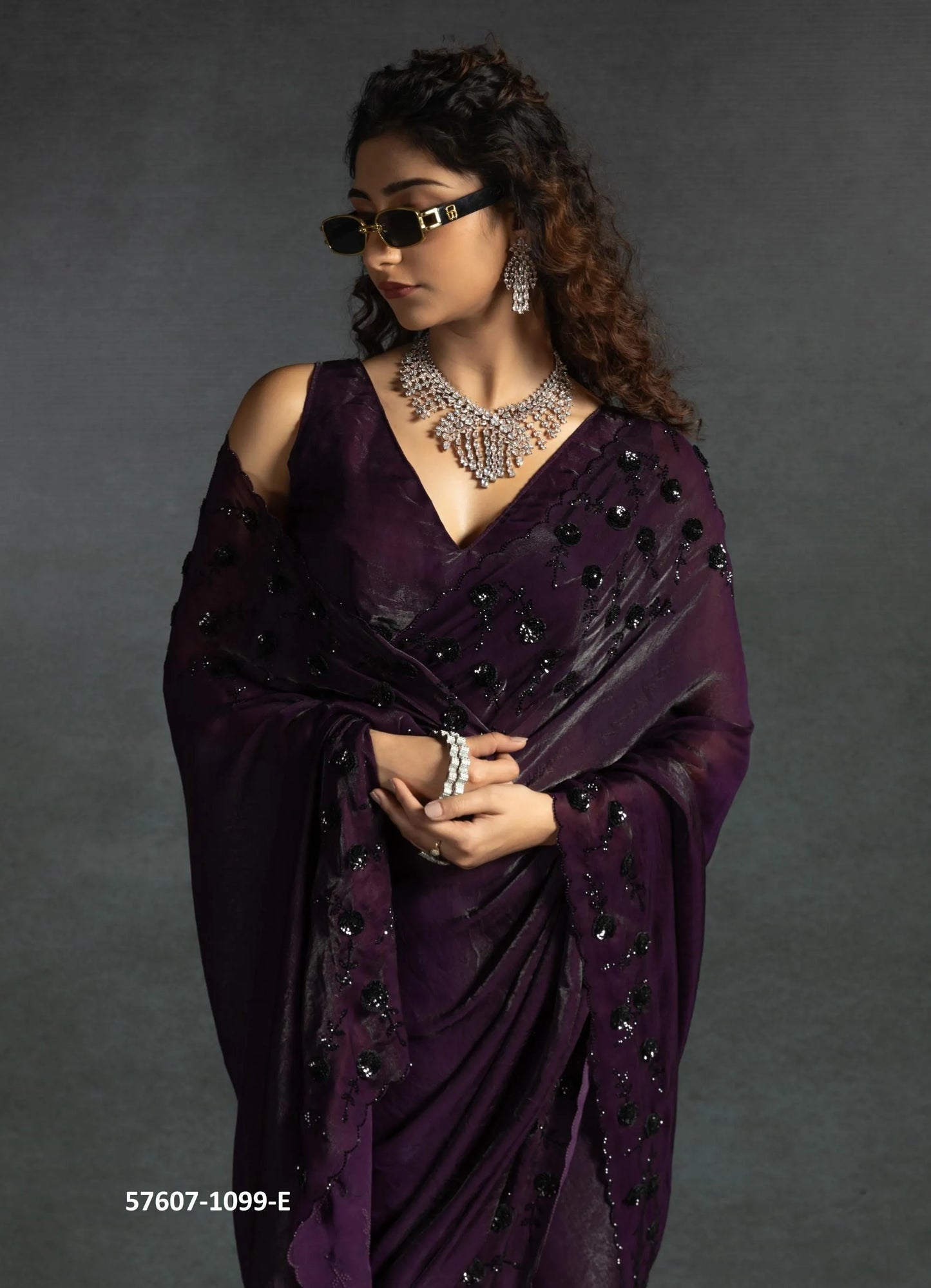Wine Two Tone Satin Silk Sequins-Work Wedding-Wear Saree