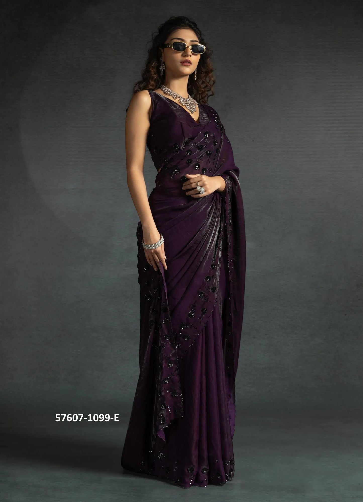 Wine Two Tone Satin Silk Sequins-Work Wedding-Wear Saree