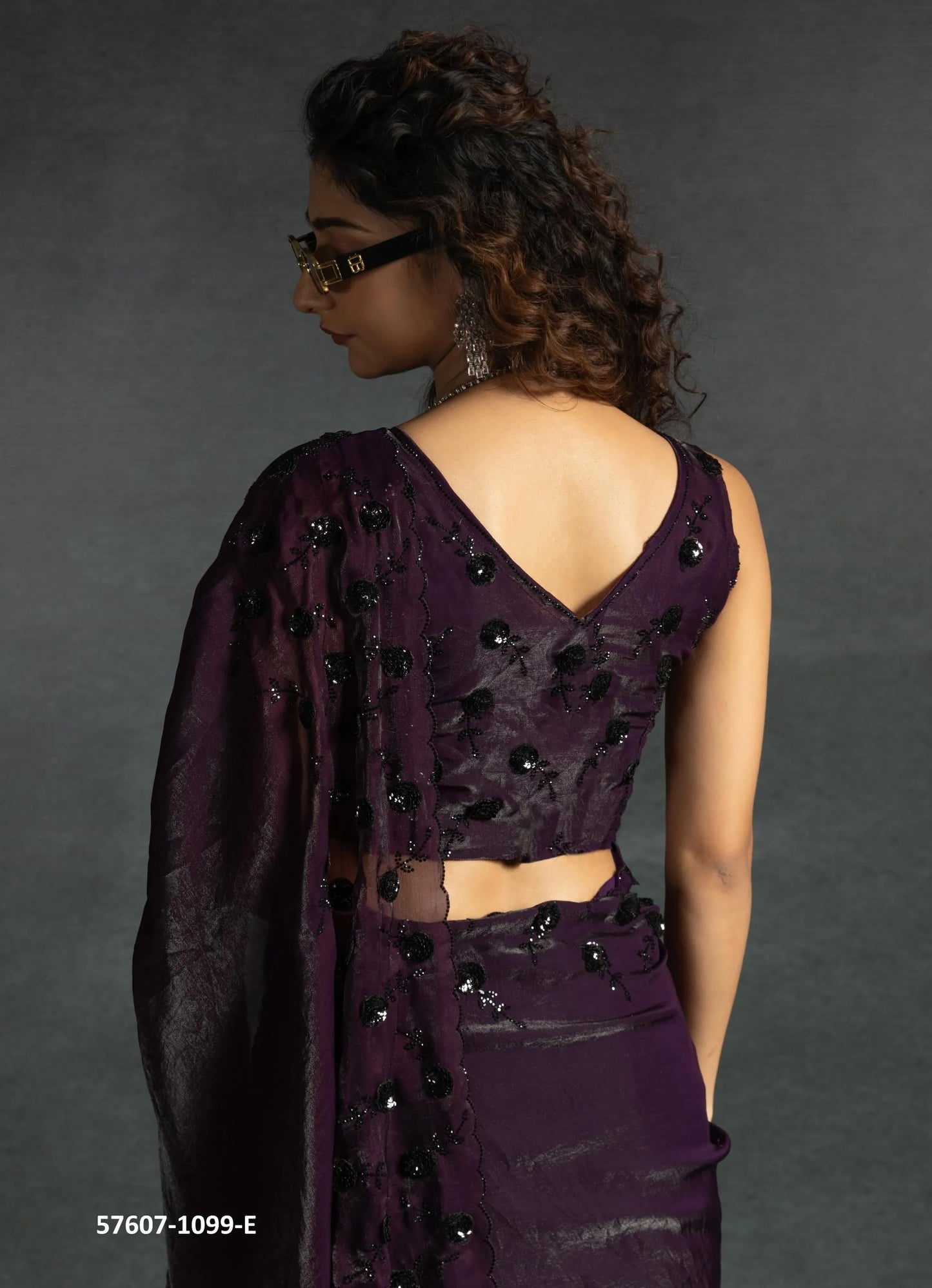 Wine Two Tone Satin Silk Sequins-Work Wedding-Wear Saree