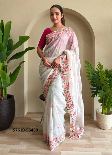 White Pure Crush Silk Thread-Work Party-Wear Embroidered Saree
