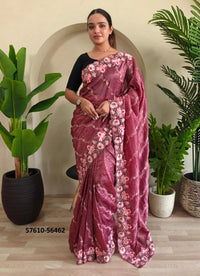 Wine Pure Crush Silk Thread-Work Party-Wear Embroidered Saree