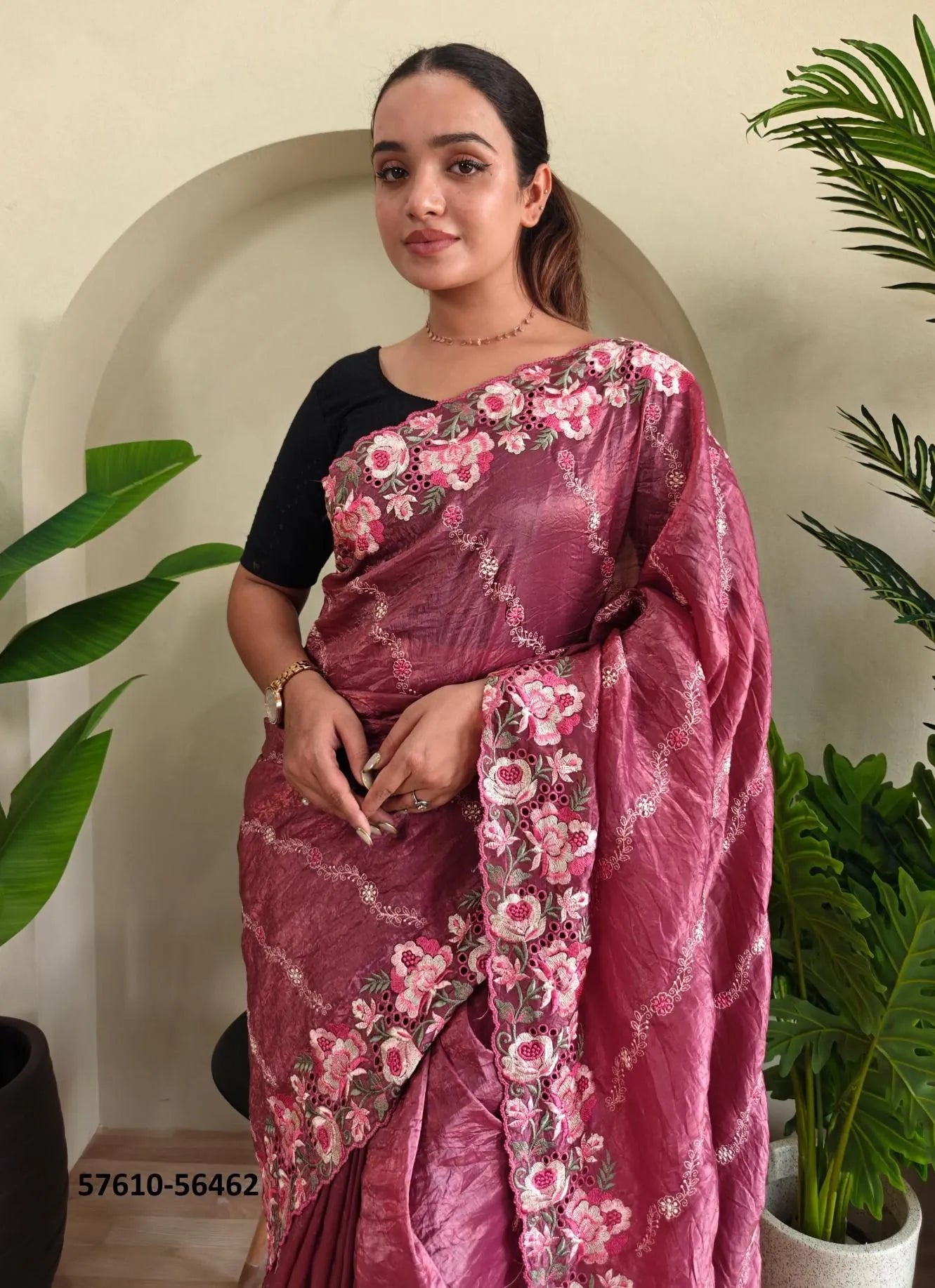 Wine Pure Crush Silk Thread-Work Party-Wear Embroidered Saree