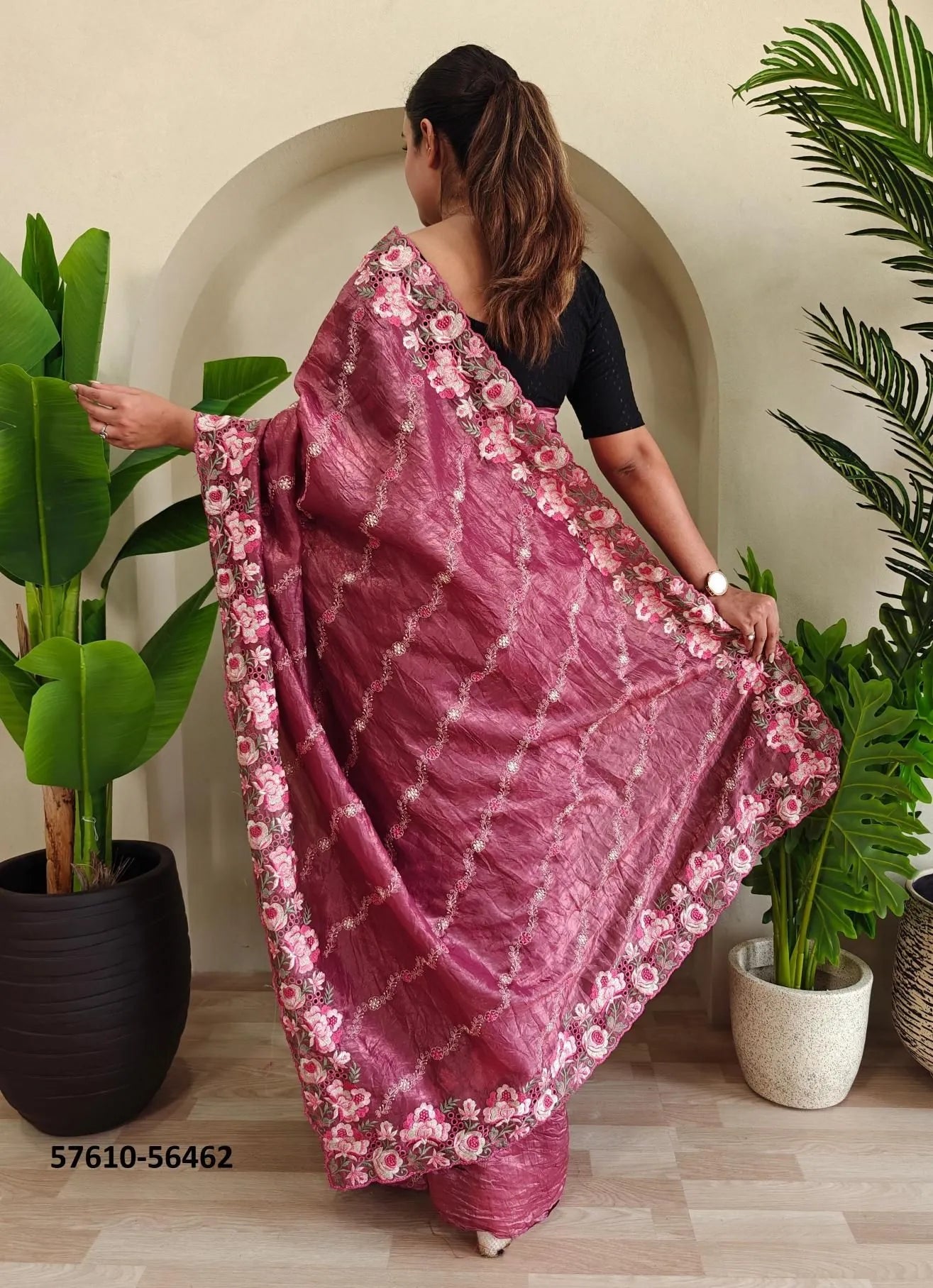 Wine Pure Crush Silk Thread-Work Party-Wear Embroidered Saree