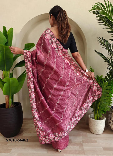 Wine Pure Crush Silk Thread-Work Party-Wear Embroidered Saree