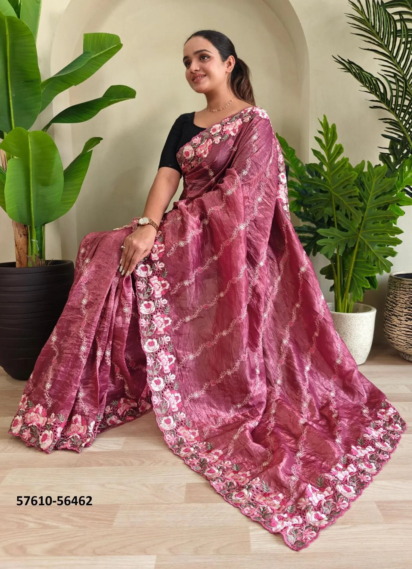 Wine Pure Crush Silk Thread-Work Party-Wear Embroidered Saree
