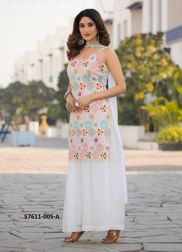 White Heavy Chinon Thread-Work Ramadan-Special Palazzo-Bottom Readymade Salwar Kameez