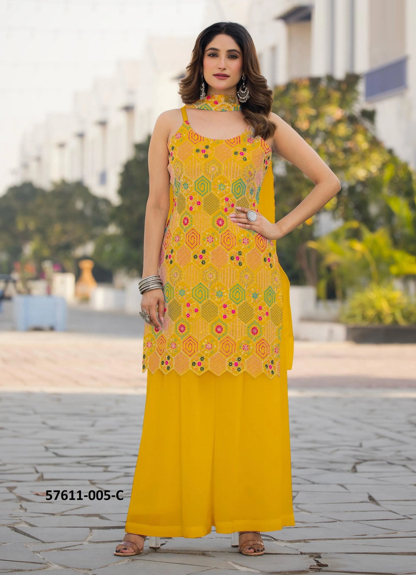 Yellow Heavy Chinon Thread-Work Ramadan-Special Palazzo-Bottom Readymade Salwar Kameez