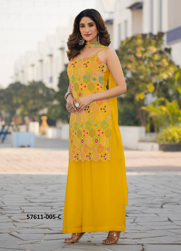 Yellow Heavy Chinon Thread-Work Ramadan-Special Palazzo-Bottom Readymade Salwar Kameez