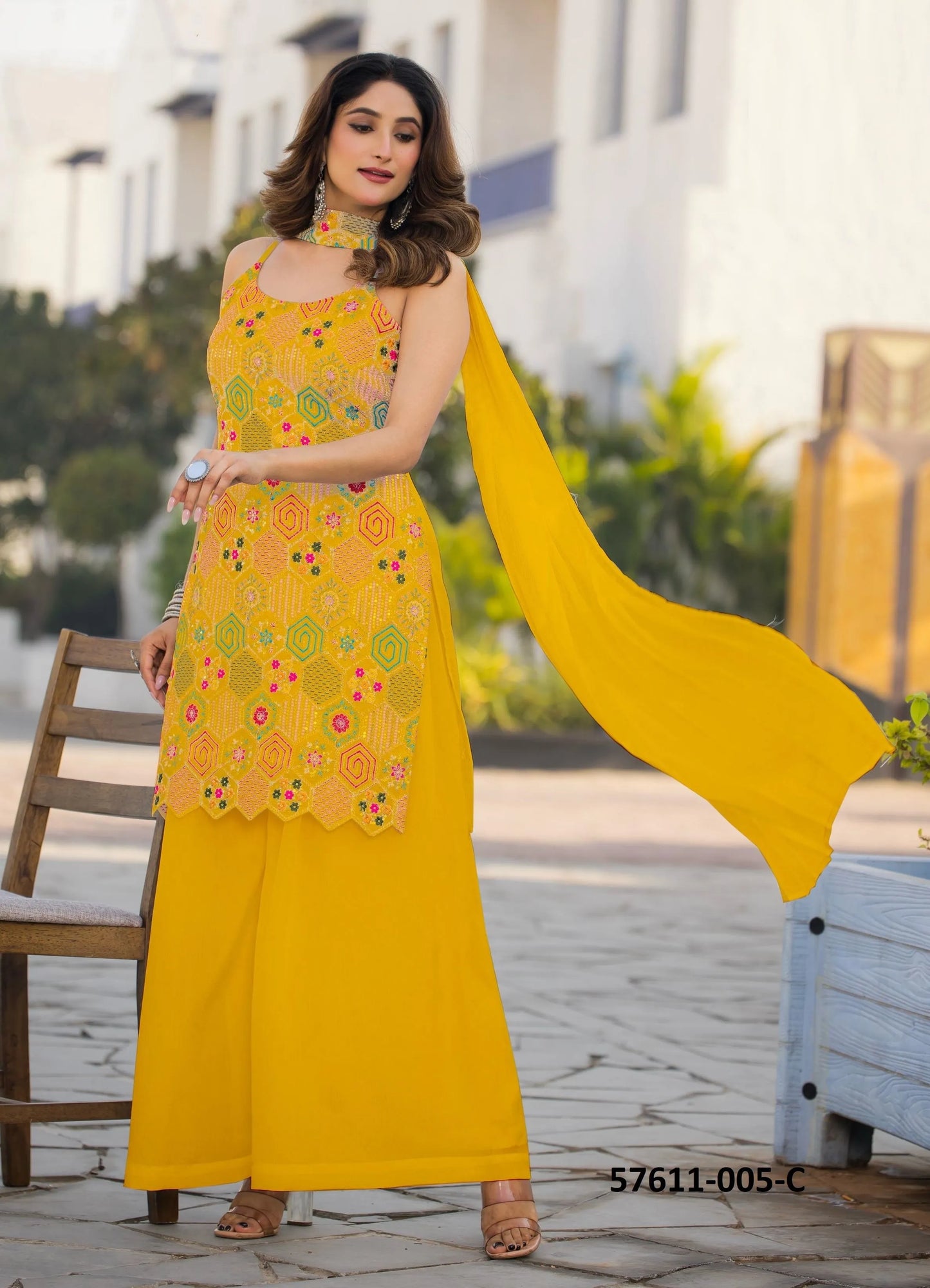 Yellow Heavy Chinon Thread-Work Ramadan-Special Palazzo-Bottom Readymade Salwar Kameez
