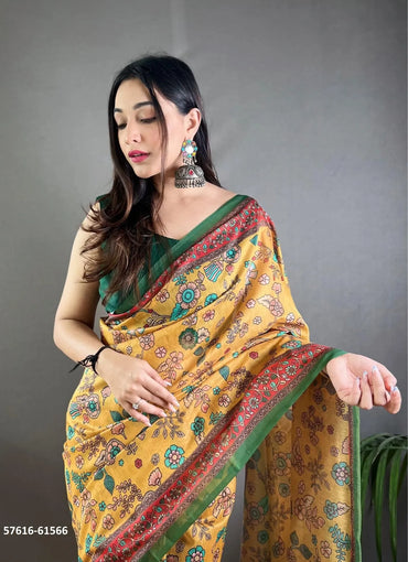 Yellow Pure Malai Cotton Floral Printed Office-Wear Saree